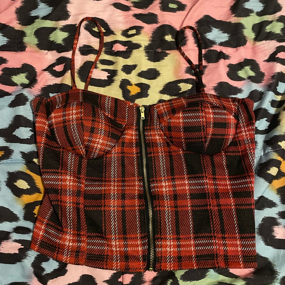 red shirt with zipper in front